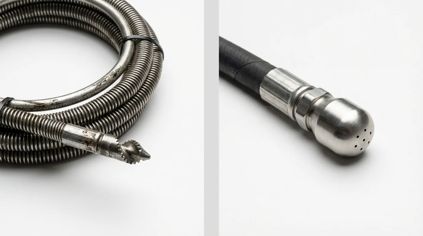 Drain snake cable and hydro jetting nozzle used for drain cleaning in Arnold, CA