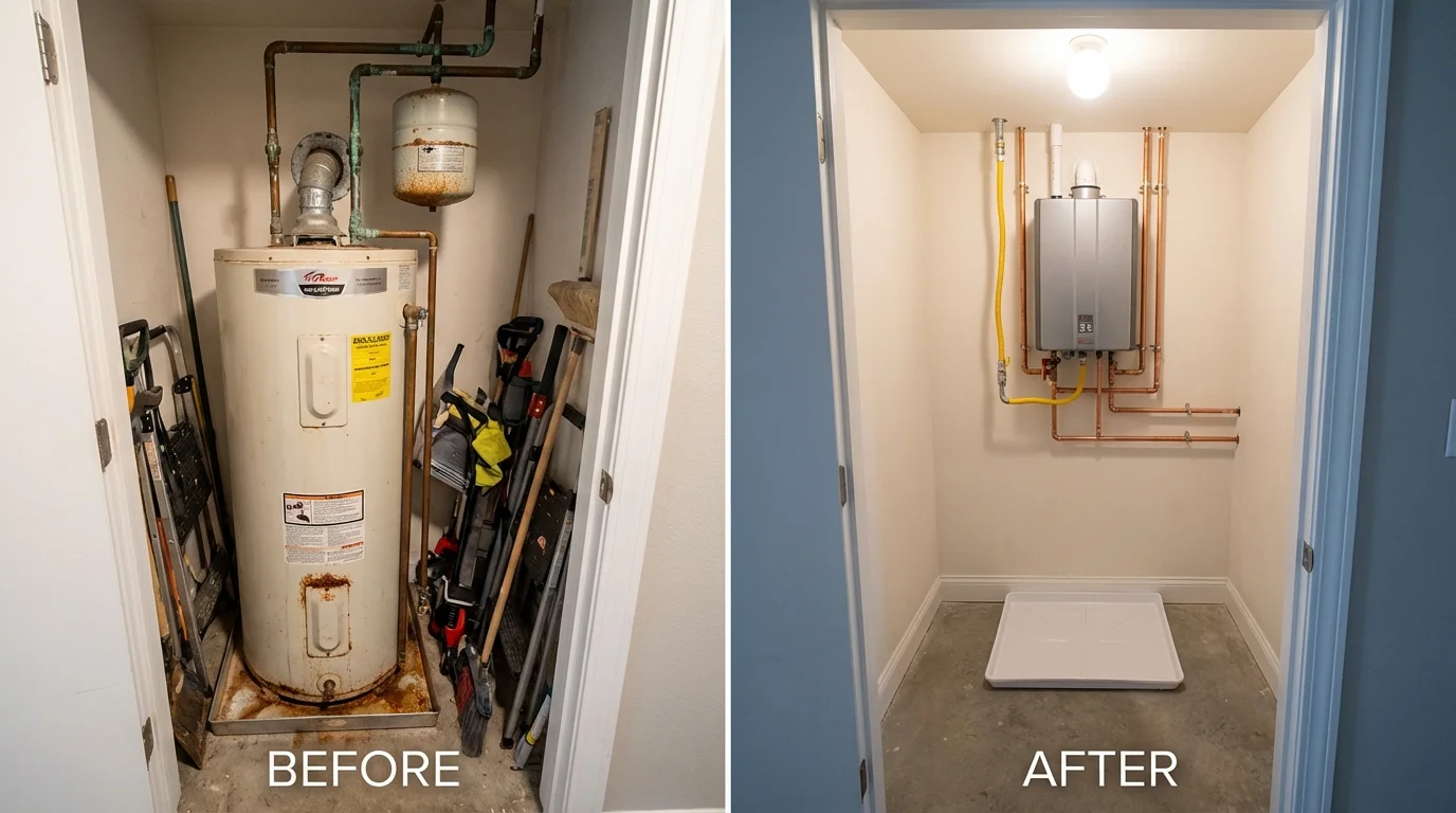 Tank water heater versus wall-mounted tankless unit comparison for Arnold, CA homeowners