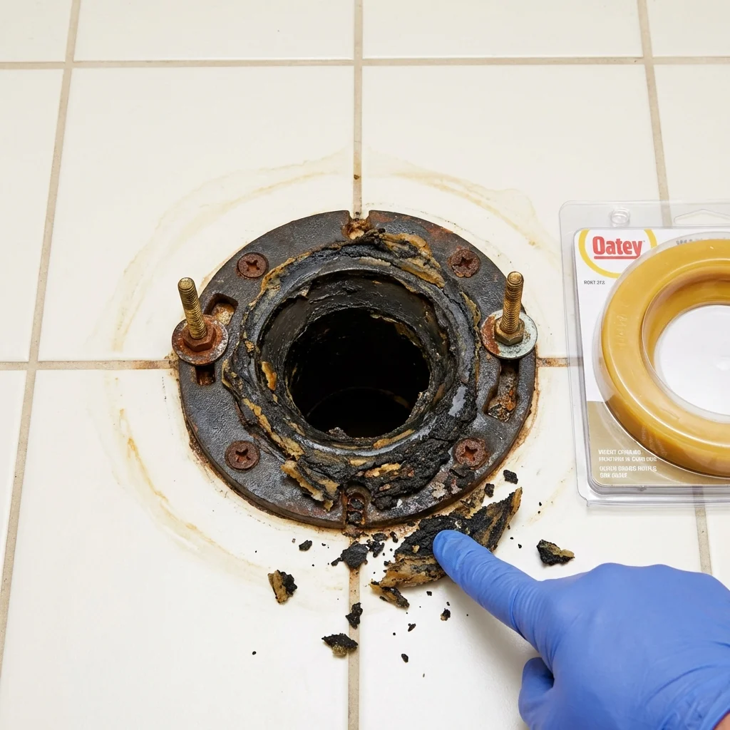 Failed wax ring showing water seepage at the base of a toilet in a Arnold, CA home