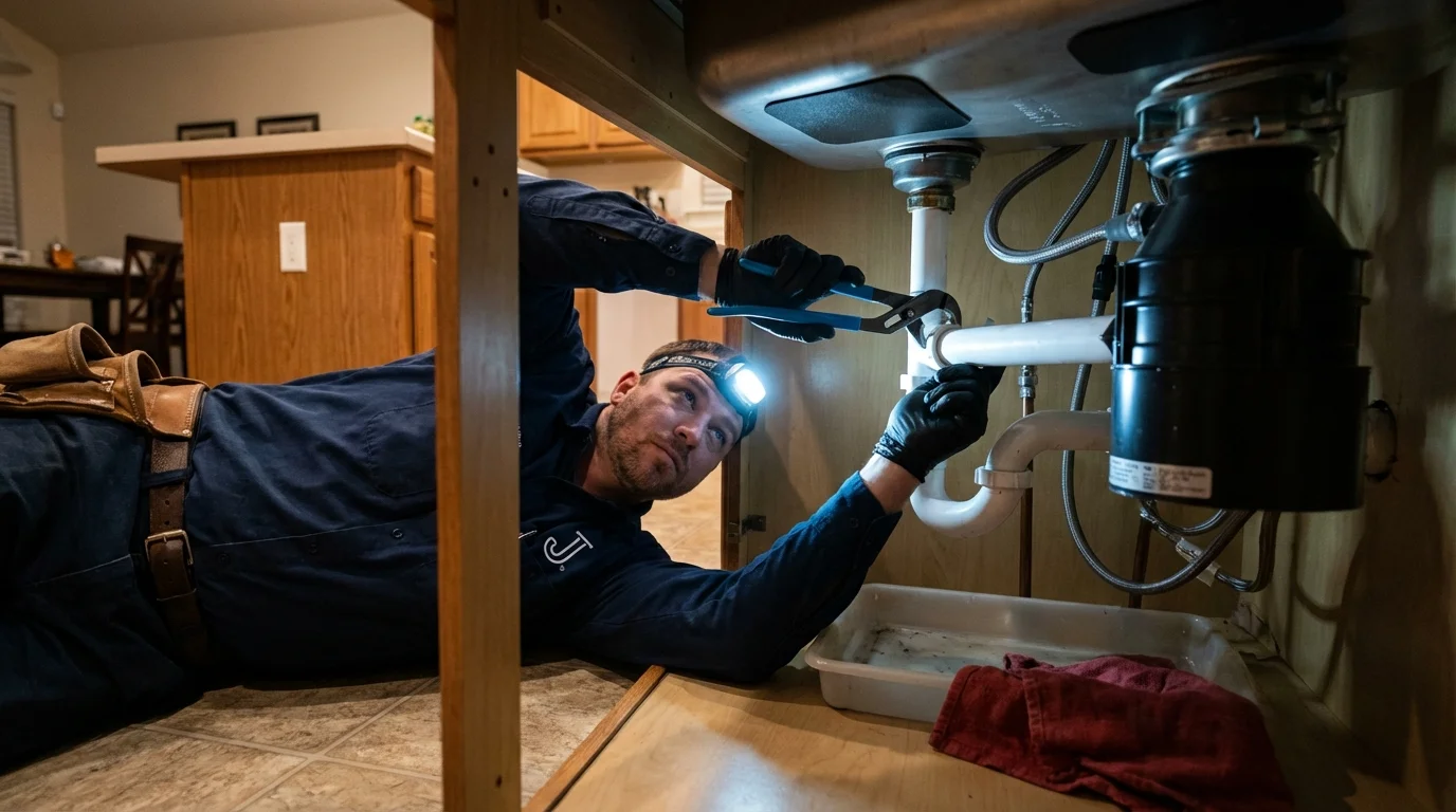 P-trap and supply line connections under a kitchen sink showing a common leak point in Arnold, CA